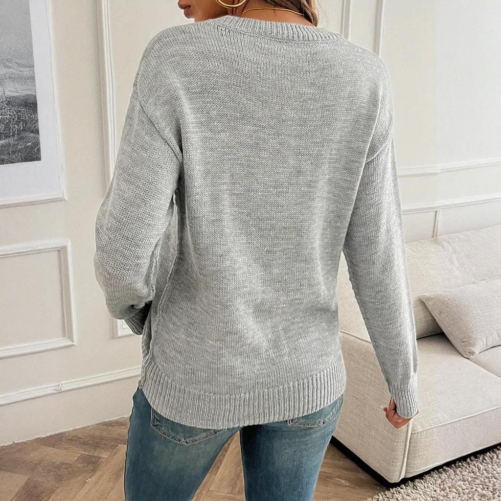 Women's Casual, Stylish, Loose-fitting Round Neck Knitted Solid Color Pullover Sweater