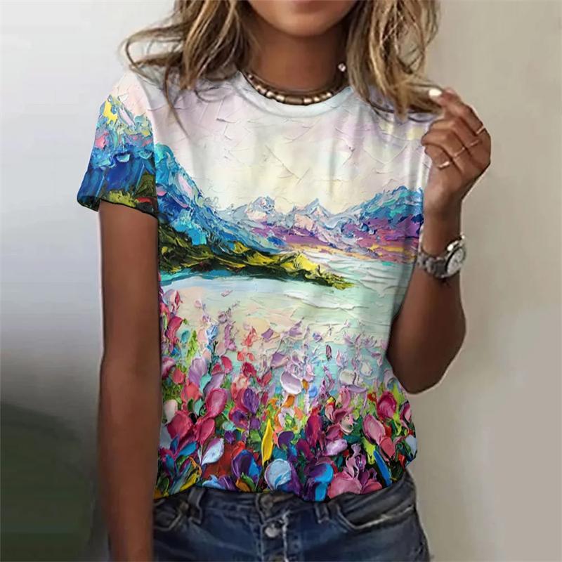 2024 Mode Oljemålning T-shirts Mode Blommigt Tema T-shirt Blommiga Växter T-shirts Sommarkläder Basic Oversized Damtoppar