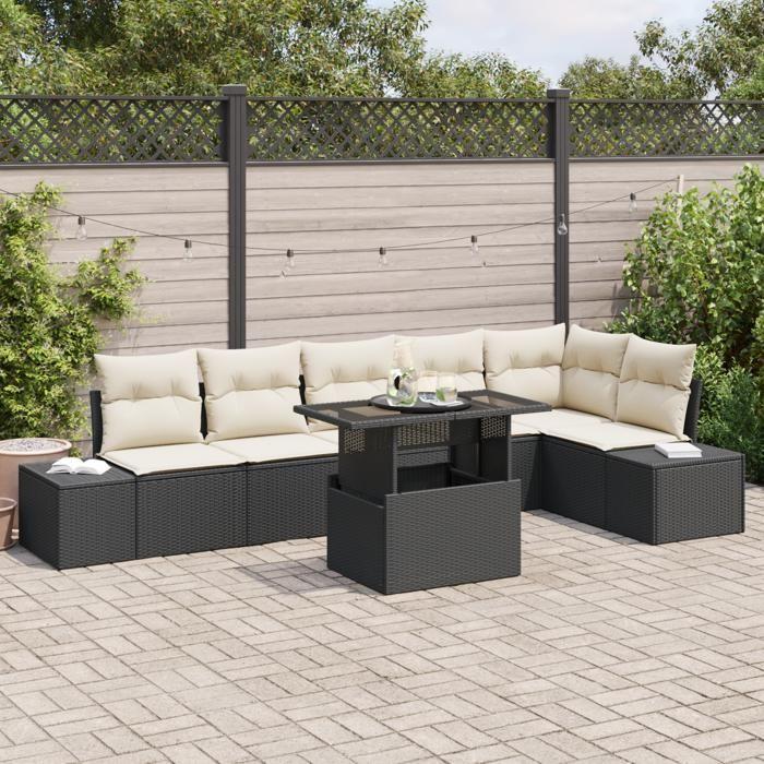 VidaXL Ensemble de canapé de jardin 7 pièces avec coussins noirs en poly rotin 3349193