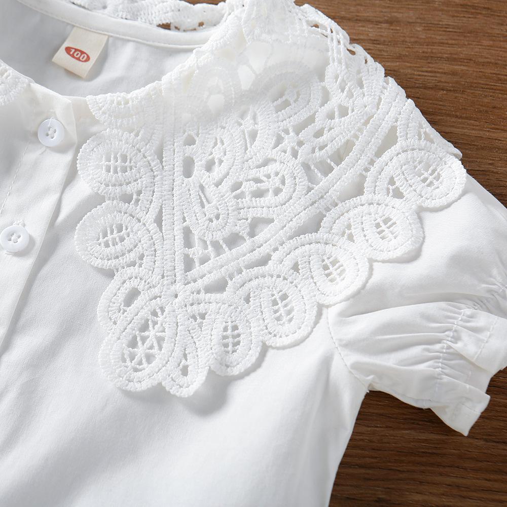 Kids School Shirt for Girl Blouse Cotton Lace Collar White Short Sleeve Tops Summer Children Clothing