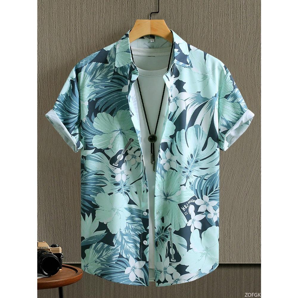 Tropical Plant Men s Shirt with Vibrant Hawaiian Short Sleeved Buttons, Exotic Leaf and Flower Printed Top S