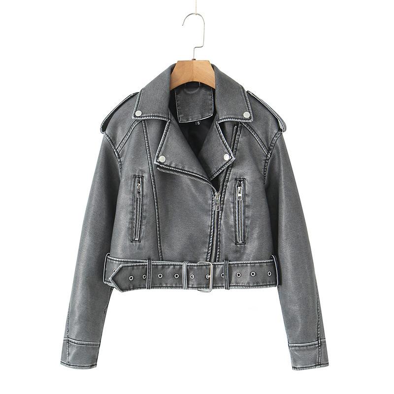 Spring Autumn Women Loose Zipper with Belt Retro Faux Leather Short Jacket Streetwear Female Chic Vintage Coat Outwear