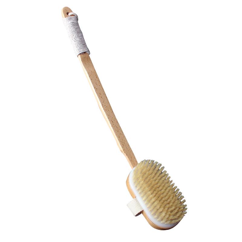 Long-Handled Boar Bristle Bath Brush, Back Scrubber, Detachable Head, Medium Soft/Hard, for Body, Dry Brushing, and Massage.