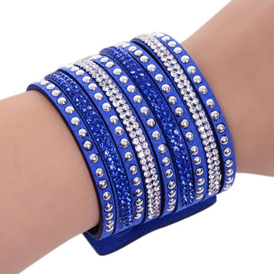 Women's Multilayer Rivet Rhinestone Velvet Cuff Bangle Wristband Bracelet Gift