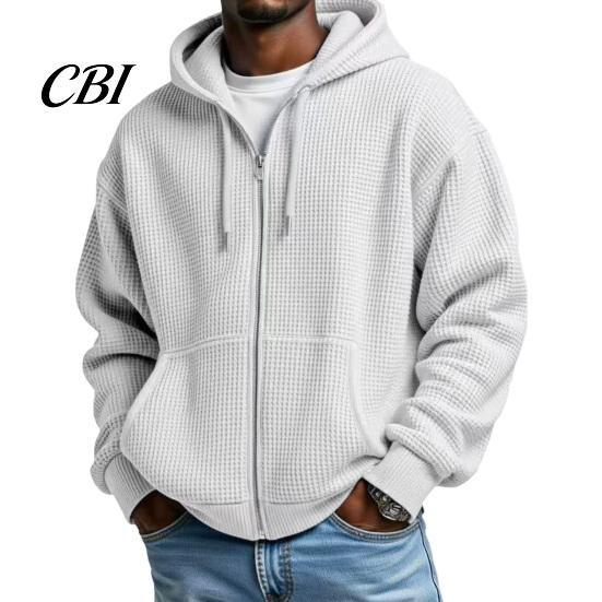 Fashionable Waffle Knit Hoodie Men's Hooded Jacket, Solid Zip Up with Adjustable Lightweight Athletic Outerwear Hood & Pockets, Long Sleeve