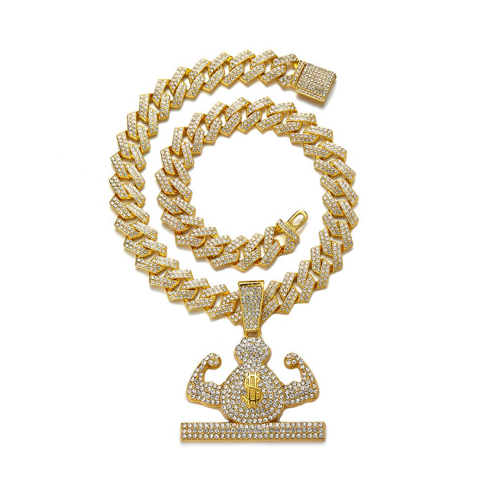 Diamond Muscle Money Bag Hip Hop Pendant: High-End Alloy Rhinestone Men's Cuban Chain Necklace