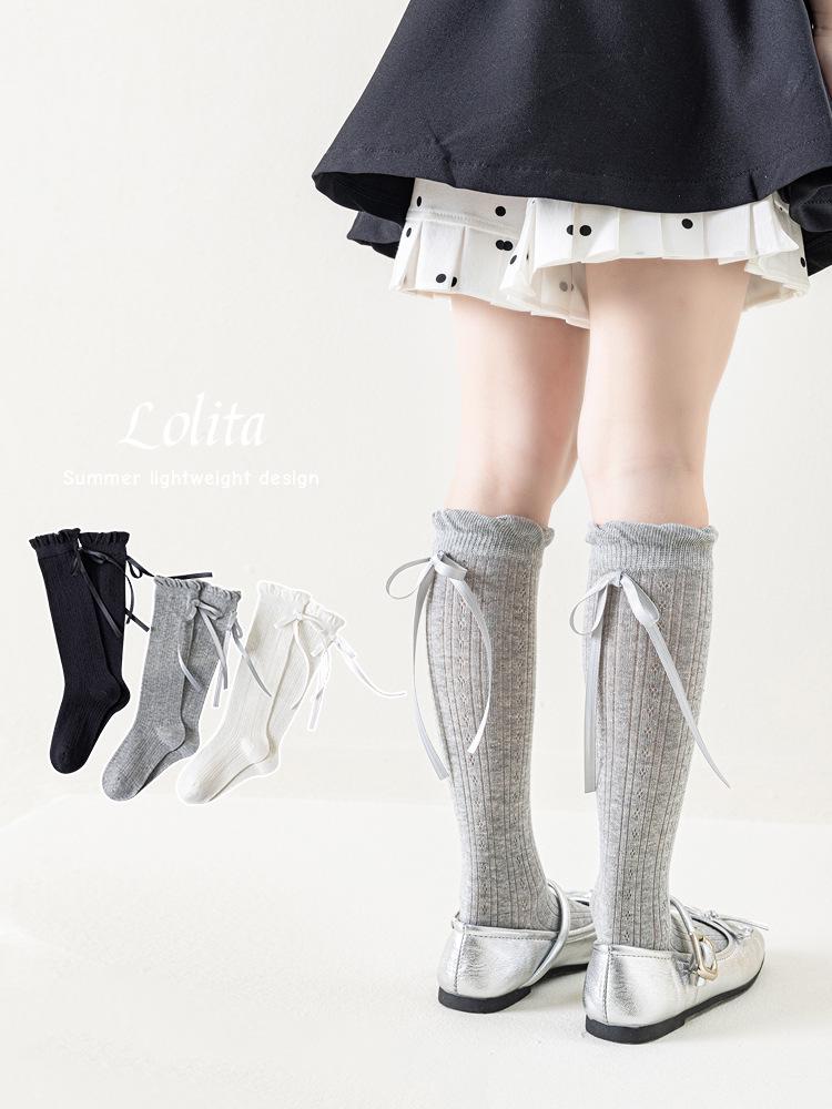 Girls' Summer Mesh Long Socks with Bowknot - Lightweight, Breathable Calf-Length Socks