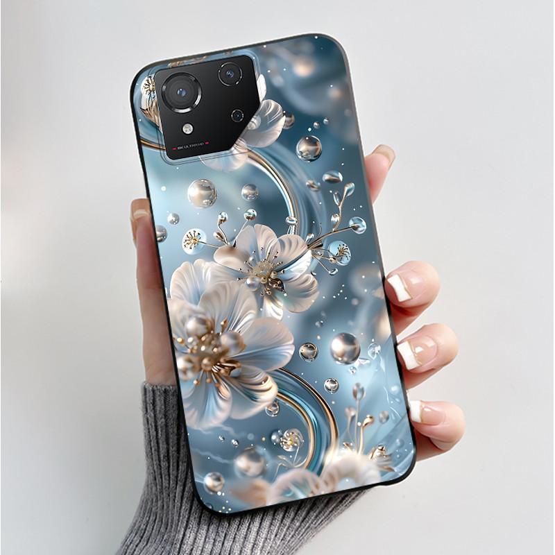 For ASUS ROG Phone 8 Case For ROG Phone 8 Pro Case Capa Soft Silicone Black Shell Cover Cute Flower Cartoon Printing Phone Cases