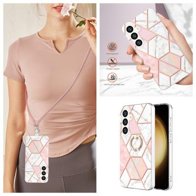 Abnehmbares Umhängeband mit rosa-weißem Splicing-Marmor oder Anti-Fall-Ring oder Hülle mit glattem Design für Samsung iPhone, Xiaomi Redmi, Oppo, Nokia Moto …