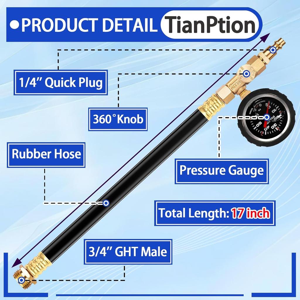 Upgraded RV Water Blow Out Winterizing Kit Sprinkler Winterization Hose With Oil Filled Pressure Gauge Compressor Winterize Adapter Plug, For Camper,