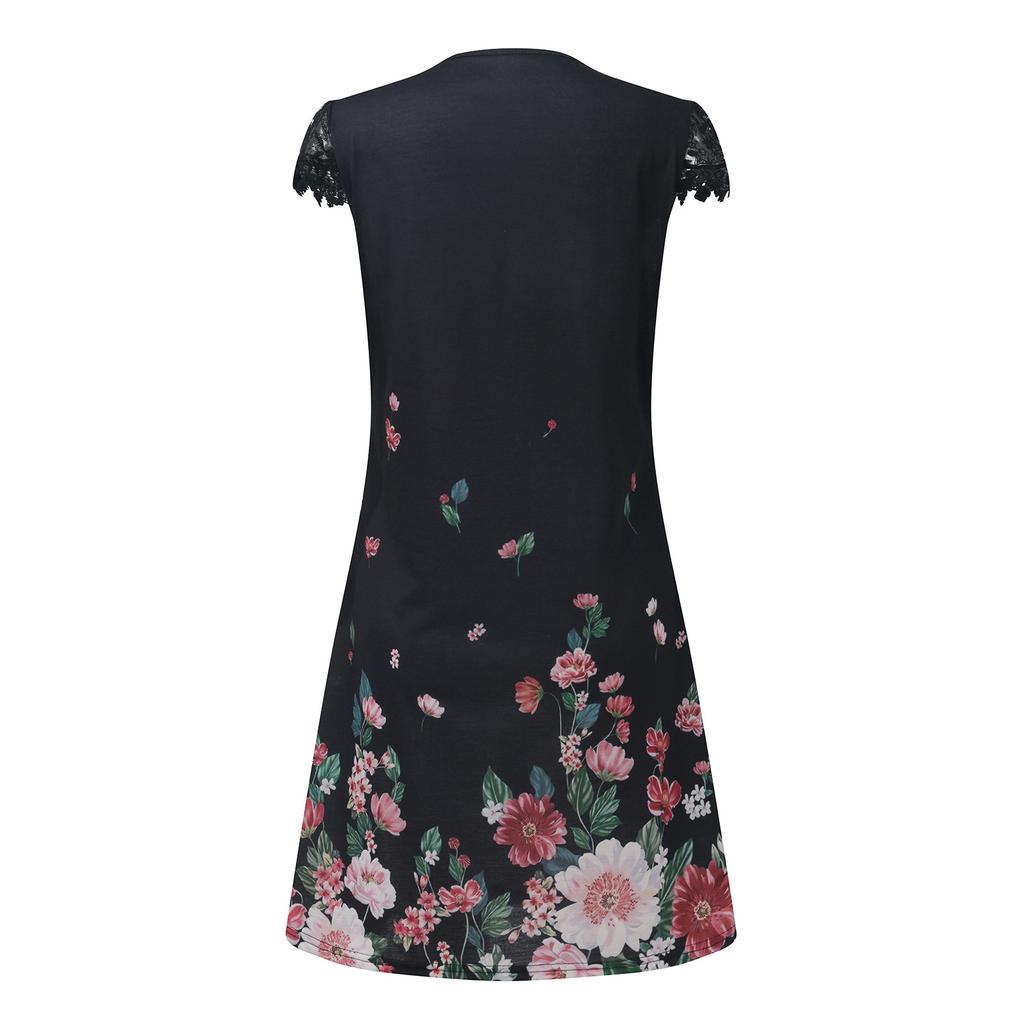 Fashion Women V-neck Printed Lace Splicing Dress Casual Slim Pullover Dress