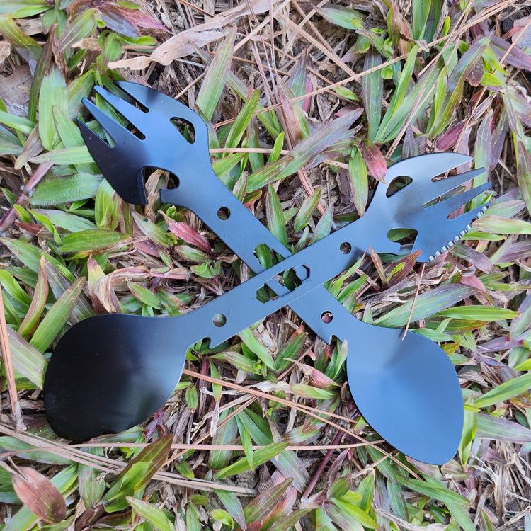 Zewnętrzny wielofunkcyjny narzędzie ze stali nierdzewnej: Widelec, łyżka, otwieracz do butelek i harpun survivalowy