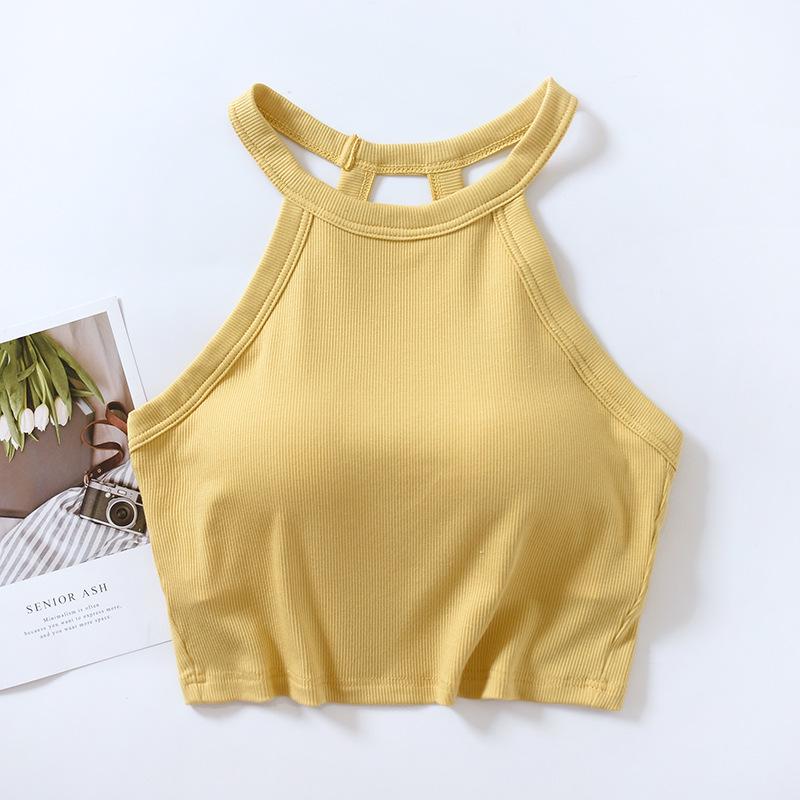 Dámský top bez rukávů, slim fit, halterový střih, krátký top s vycpávkami na hrudníku – bez kostic, krátké tílko.