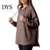 Waffle Texture Women Hoodie Fall Spring Big Pocket Drawstring Hooded Loose Slit And Autumn For Hem Pure Color Knitted Sportwear Top Warm Winter