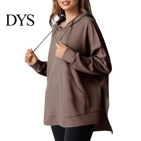 Waffle Texture Women Hoodie Fall Spring Big Pocket Drawstring Hooded Loose Slit And Autumn For Hem Pure Color Knitted Sportwear Top Warm Winter