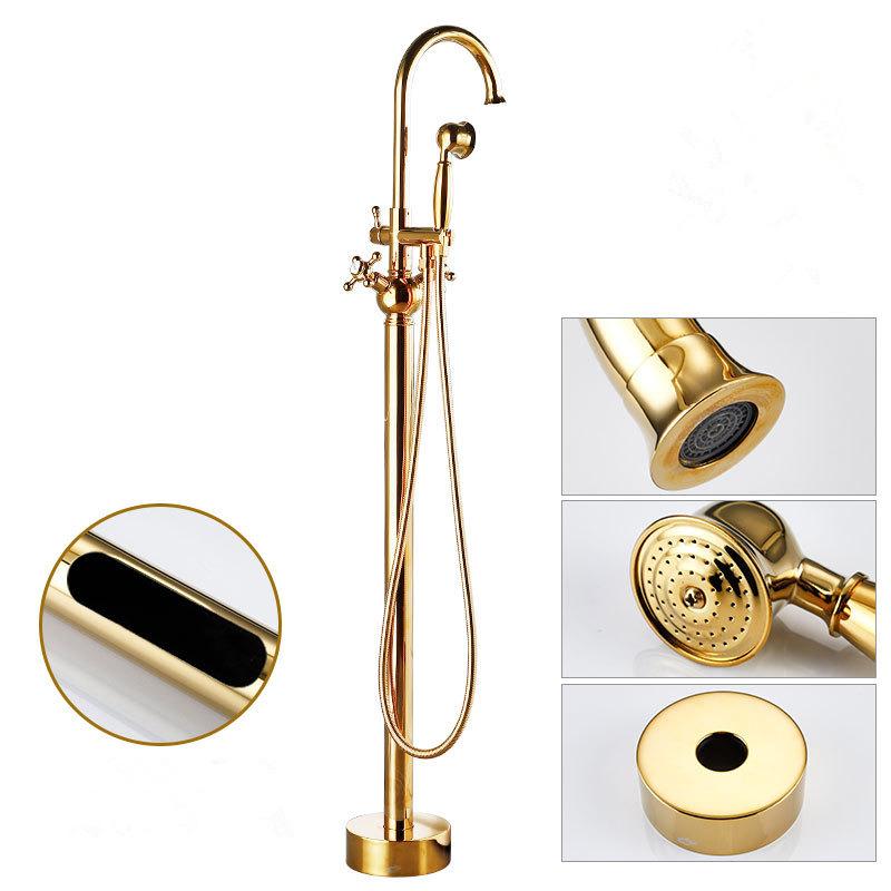 Tuqiu Gold Bathroom Bathtub Faucet + Handheld Shower Free Standing Luxury Waterfall BathTub Mixer Taps Floor Mounted