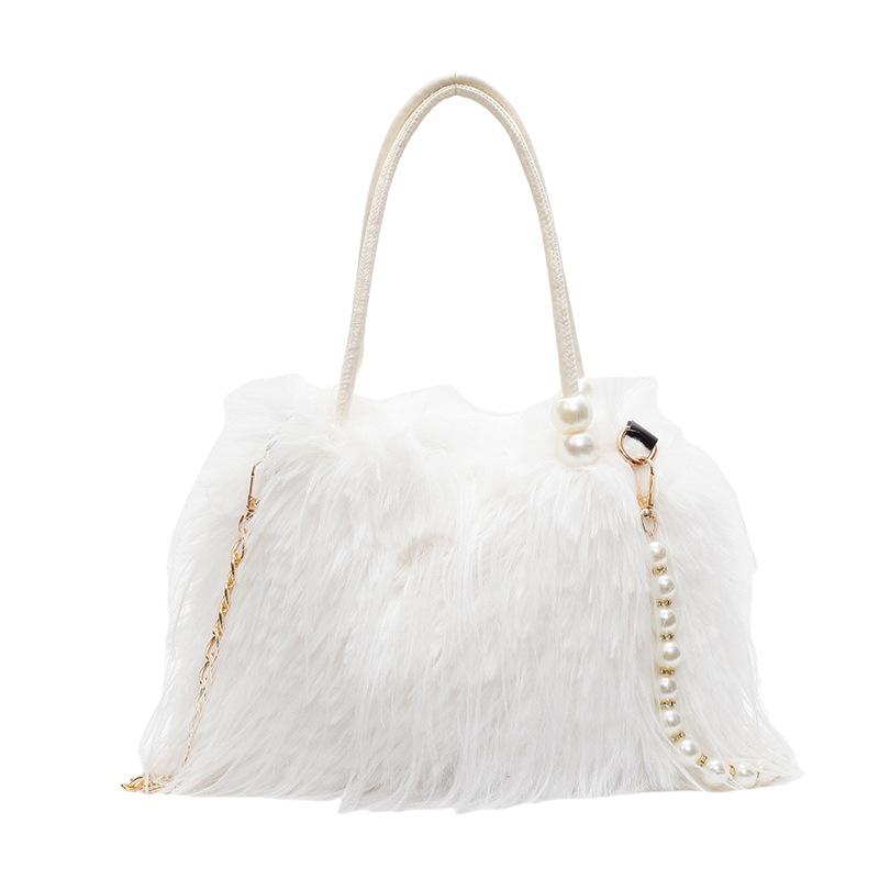 Imitation turkey feather niche simple women's bag 24 new autumn and winter handbag fashion pearl fringed hair messenger shoulder bag