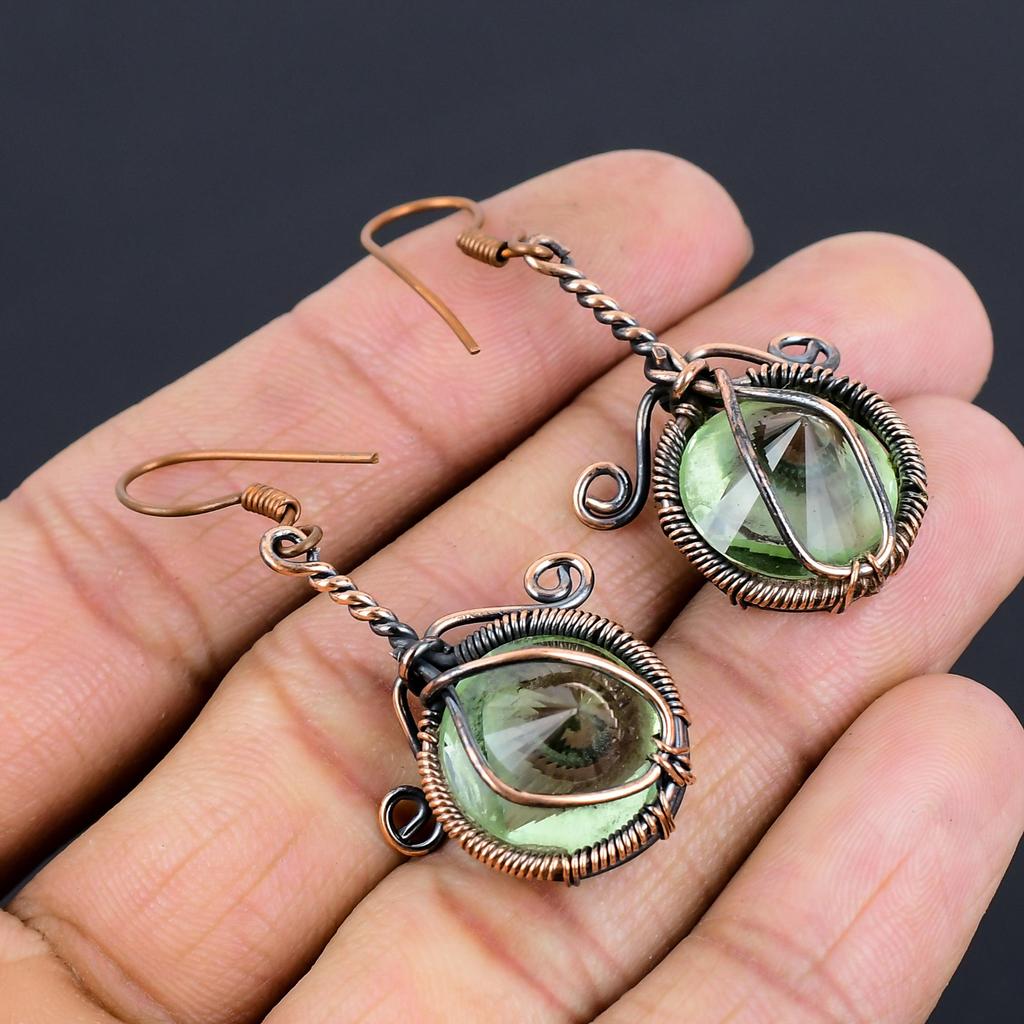 Green Amethyst Gemstone Earrings, 999 Copper Wire Wrapped Earrings, Handmade Antique Jewelry, Gift For Mother Day