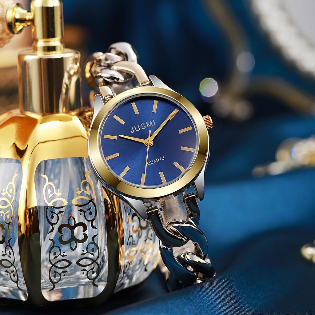 Damen modische hochwertige Balkenwaage rundes Zifferblatt Schnalle Stahlband Quarz Uhr.