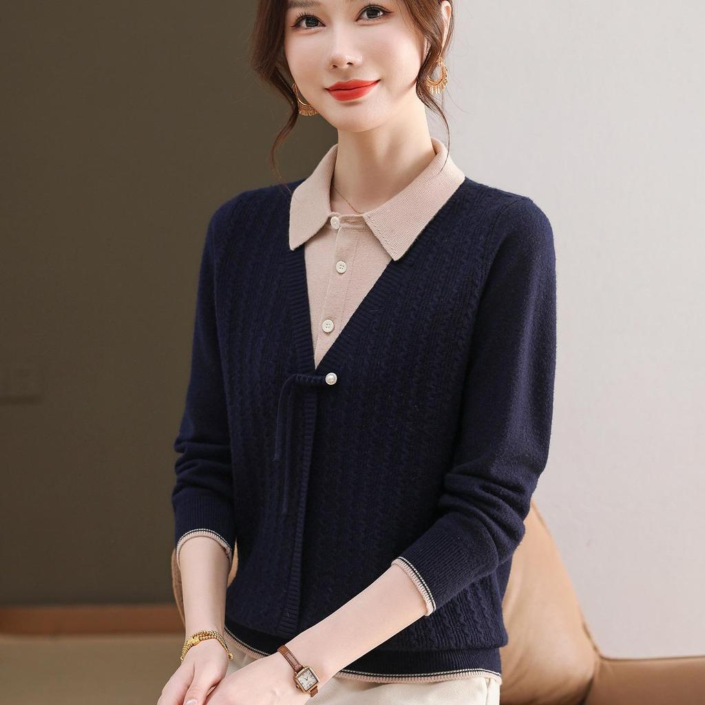 2025 Fashionable Mom's Knitted Two-Piece Look Lapel Sweater - Long-Sleeve Top for Middle-Aged Women, Perfect for Spring & Autumn