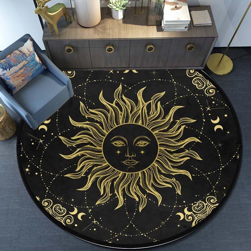1pc Starry Sun Round Rug - Non-slip Polyester Rug with Gold Constellation Pattern for Living Room, Bedroom, Crystal Velvet