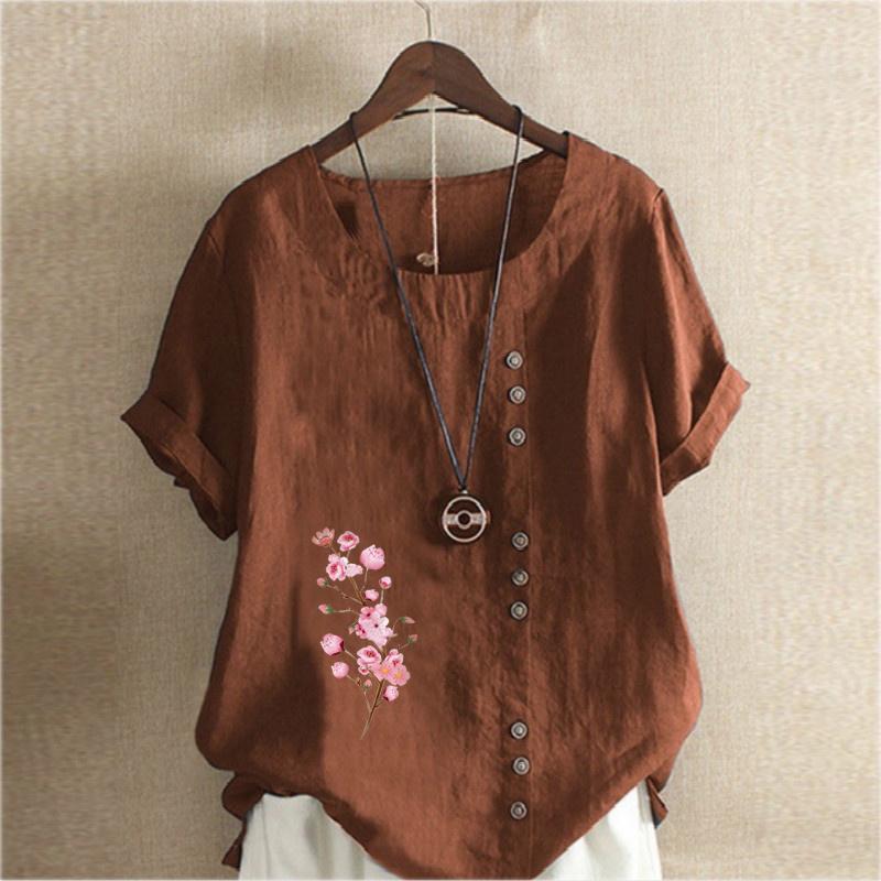 Women's FashionPink Flowers Prined Round Neck Short Sleeve T-shirt Casual Cotton Linen Graphic Shirt Leisure Loose Summer Blouse Tops Plus Size