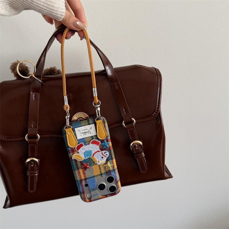 Fashion Cute Caroon 3D Dog Plush Phone Case For iPhone 17 Pro 15 14 13 16 Pro Max Cover Plaid Pattern Cloth Protective Cases