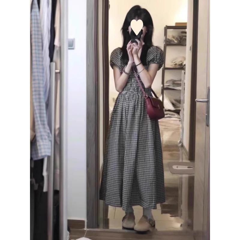 Black plaid bubble sleeve dress women's summer new small temperament thin a word long dress