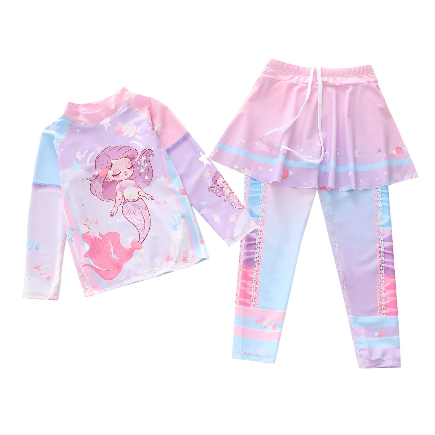 Children s Two-Piece Long Sleeve Swimsuit with Skirt for Medium  Large Girls, CPC Certified 4XL (130-140cm, 55-65kg)