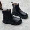 Women's Vintage Genuine Leather Ankle Boots - Thick Sole Round Toe Side Zipper Short Boots