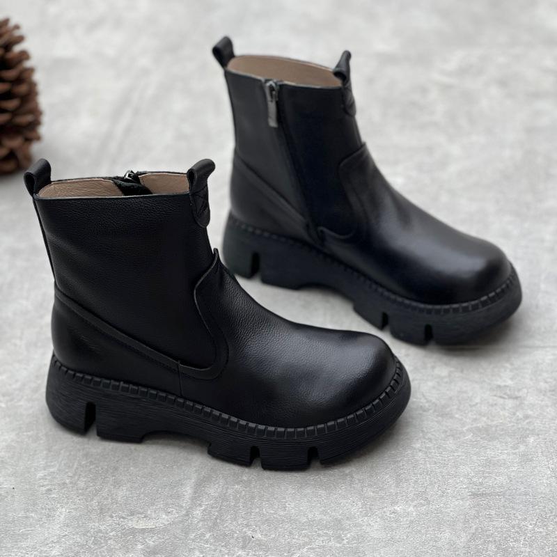 Women's Vintage Genuine Leather Ankle Boots - Thick Sole Round Toe Side Zipper Short Boots