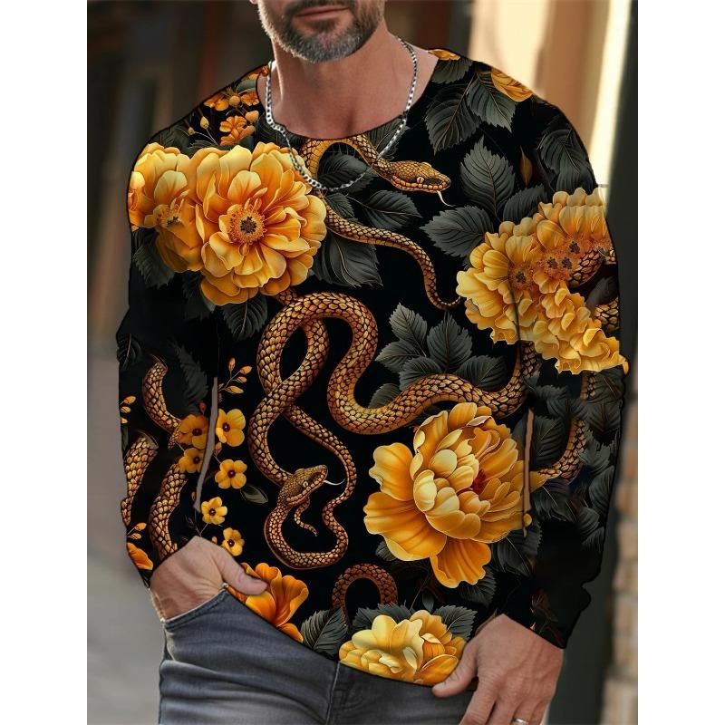 Spring and Autumn Round Neck 3D Snake Pattern Printed Top Fashionable Casual Long Sleeved Men's T-shirts