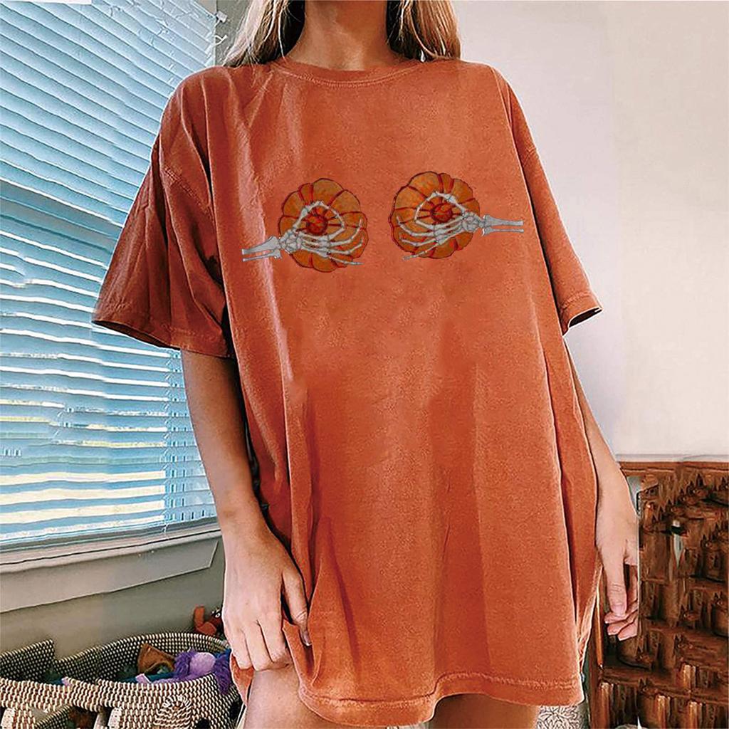 Women's Loose Blouse Round Neck Short Sleeve Halloween  Print T-shirt Top