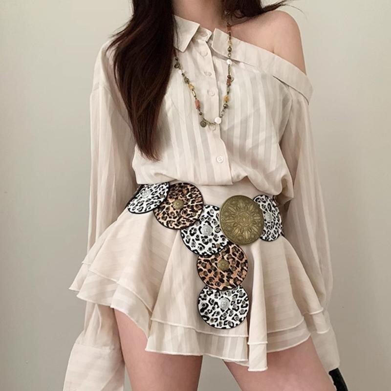 Stylish Leopard Wide Belt for Adult Western Waistband Ethnic PU Leather Embossing Buckle Waiststrap for Formal Dresses