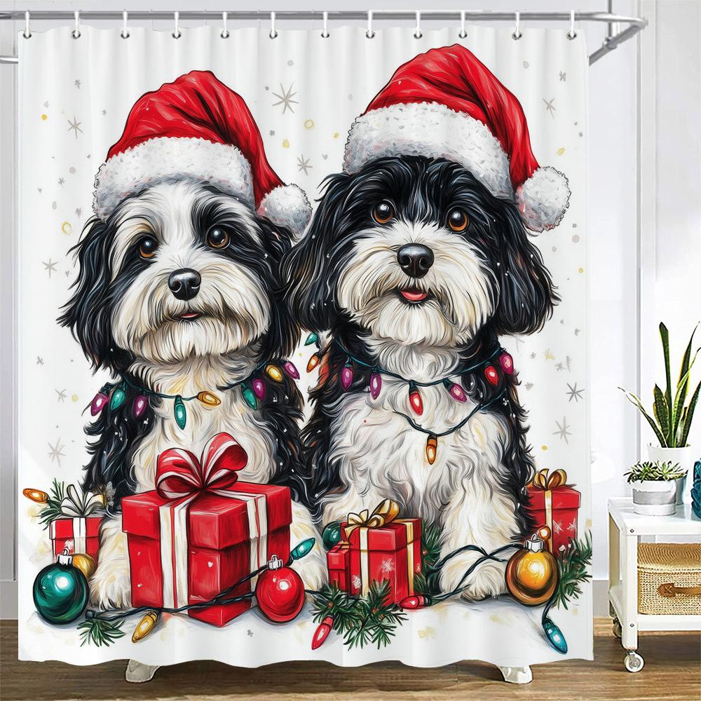 Merry Christmas Shower Curtain Christmas cat and dog Santa Claus Shower Curtains Xmas Printed fabric Decor Bathroom Curtain