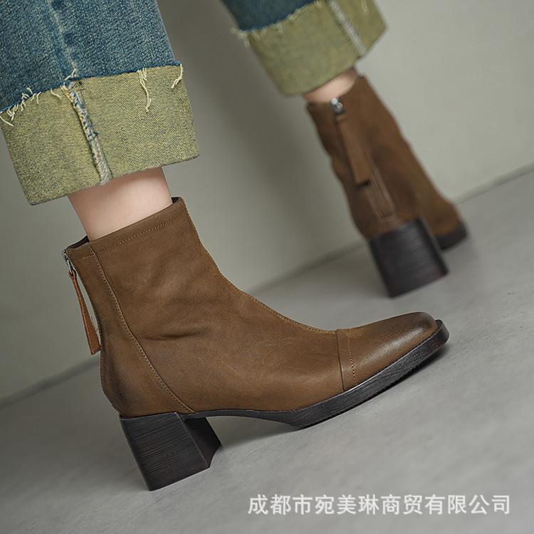 Thick heel square head leather short boots women's 2025 new British splicing thin Chelsea boots rear zipper fashion boots women