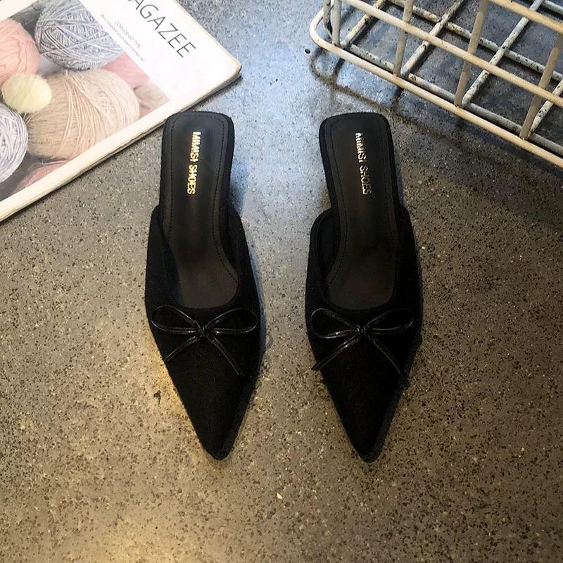 Fashion Aphixta Sweet Butterfly Knot Design Heels Slippers Flannel Upper Pointed Toe Summer Slip On Slides Fashion Green Baby Pink Shoes