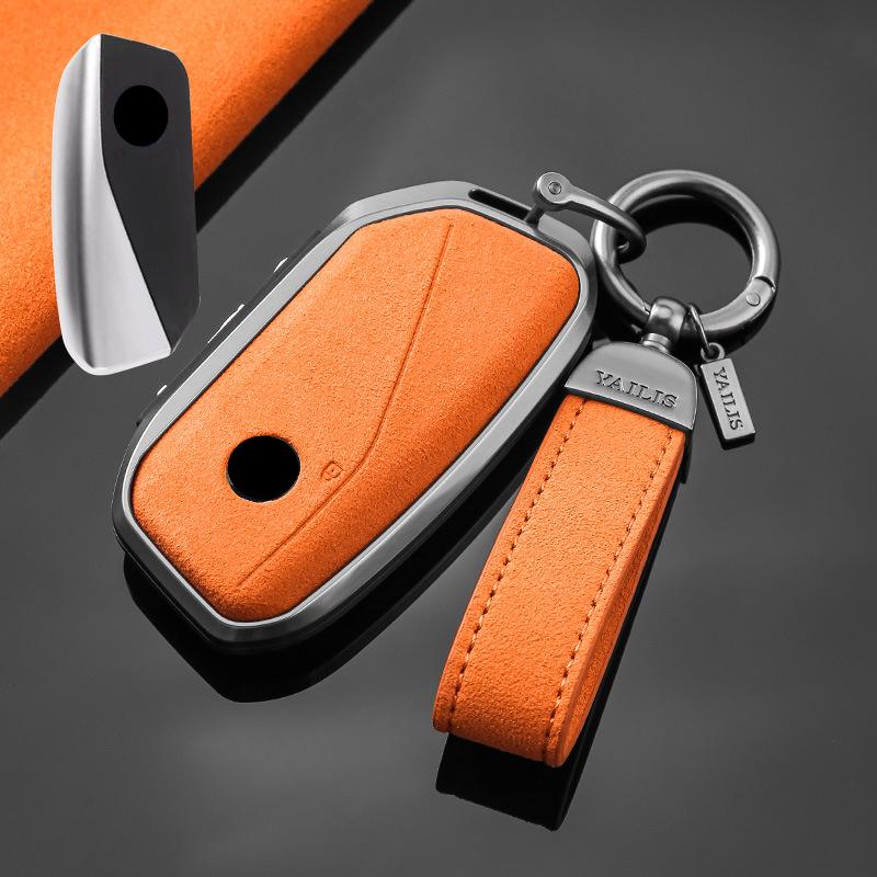 

Interior Mouldings Metal Suede Car Remote Key Cover Case Holder shell Keychain Fob For BMW New 530Li i5 iX1 X1 X5 840I 740Li iX помаранчевий