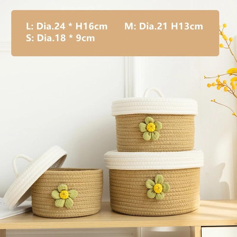 3pcs Round Storage Baskets Natural Cotton Rope Woven Organizer with Lids for Countertop Sundries Makeups Toys Keys Clutter Items