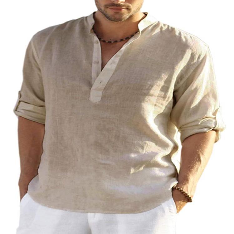 Men's Plus Size Long-Sleeved Linen-Cotton Shirt - Solid Color, Loose Fit