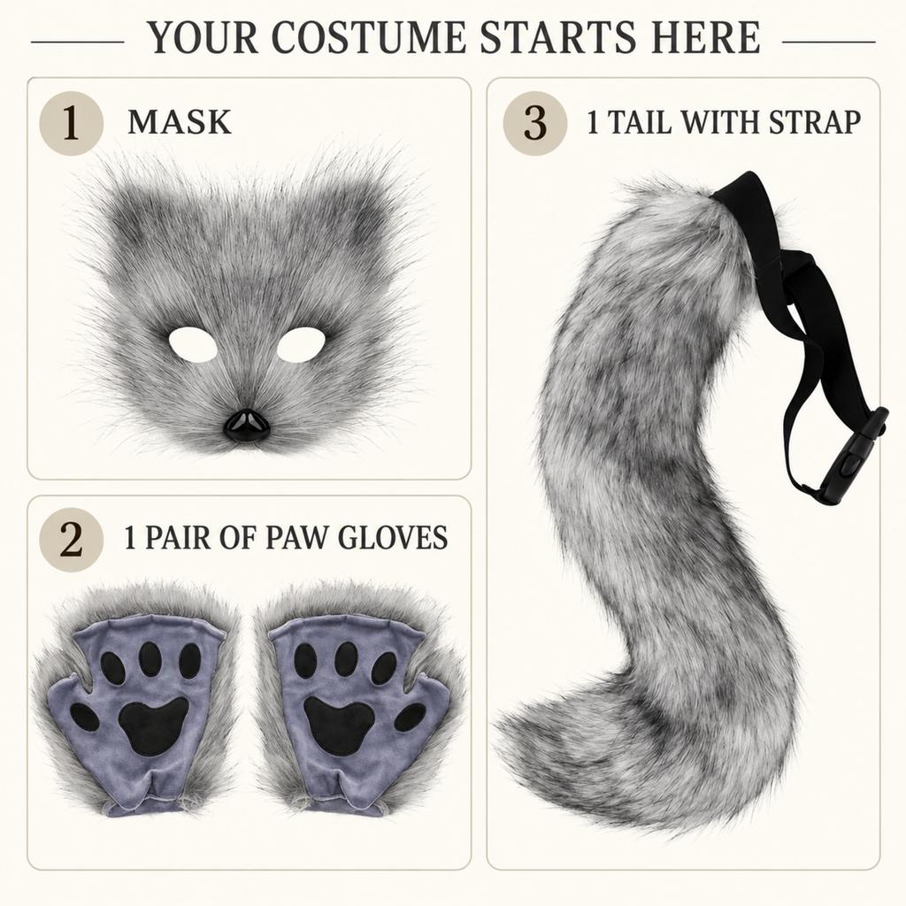 Furry Fox Cat Animal Costume Set 3 Pcs Mask Paw Gloves Tail Therian Fursuit Anime Cosplay Accessories Halloween for Women