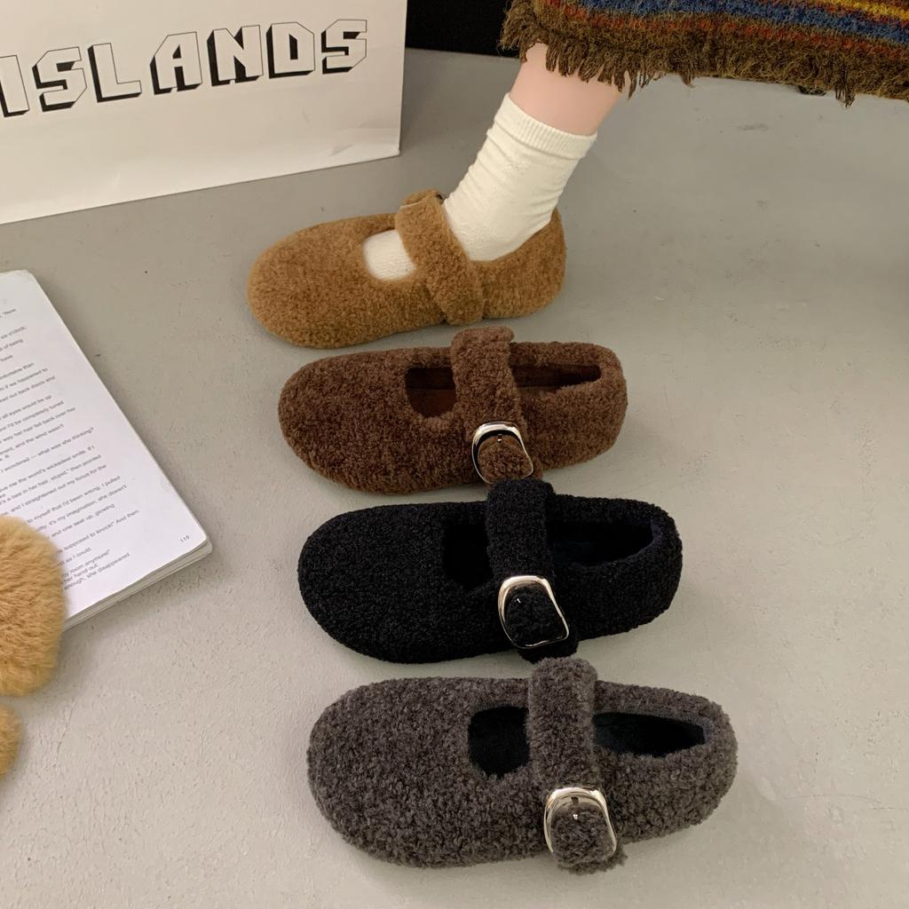 Flat Bottom Gentle and Comfortable Fluffy Shoes Women Wear 2025 Autumn and Winter New Fairy Wind Velvet Word Mary Jane Cotton Shoes