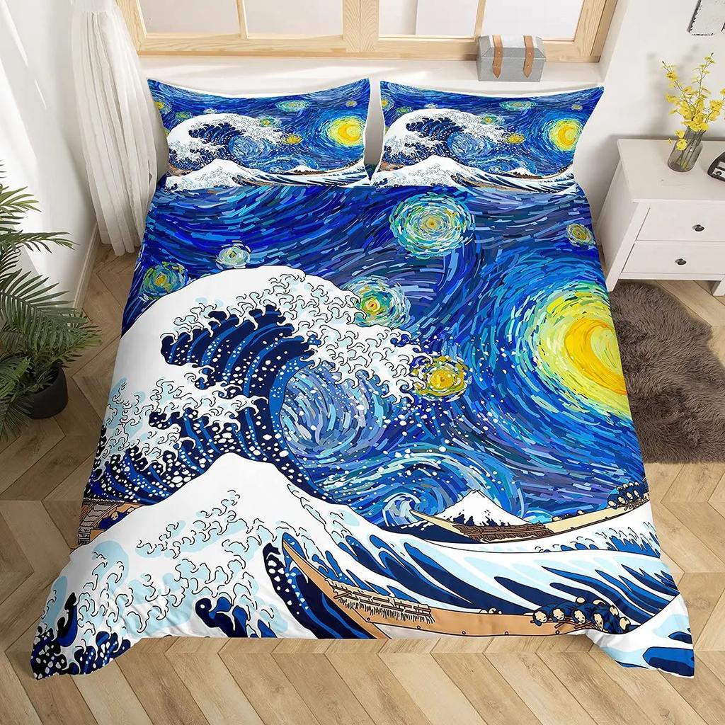 Japanese Wave Duvet Cover Set Sea Storm In Japan Traditional Drawing Foamy WavesBedding Set Full SizeEarth Yellow Dark Blue