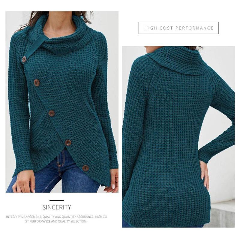 Autumn New Yellow Sweater Pullover Button High Lapel Solid Color Women's Long Sleeved Needle Casual Versatile