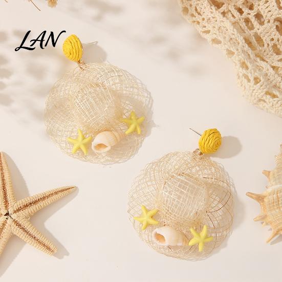 Photogenic Colorful Earrings 1 Pair Raffia Statement for Women, Woven Straw Hat Dangle Drop Earrings, Boho Shell Starfish Rattan Bohemian Summer Beach