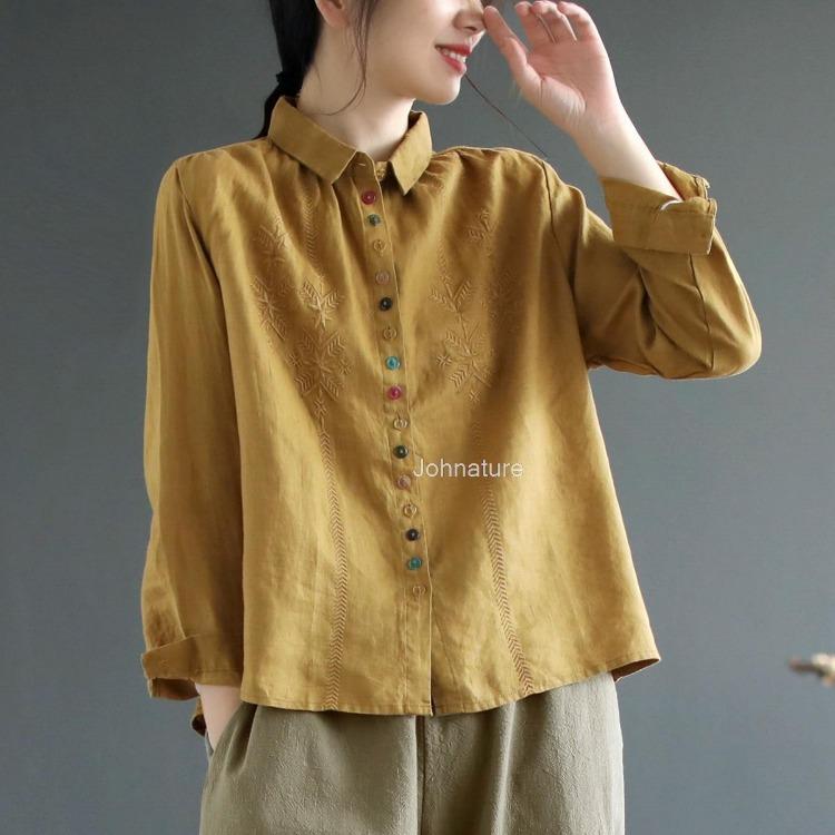 Spring Floral Embroidery Blouse Women Long Sleeve Solid Color Button Shirt Turn Down Collar