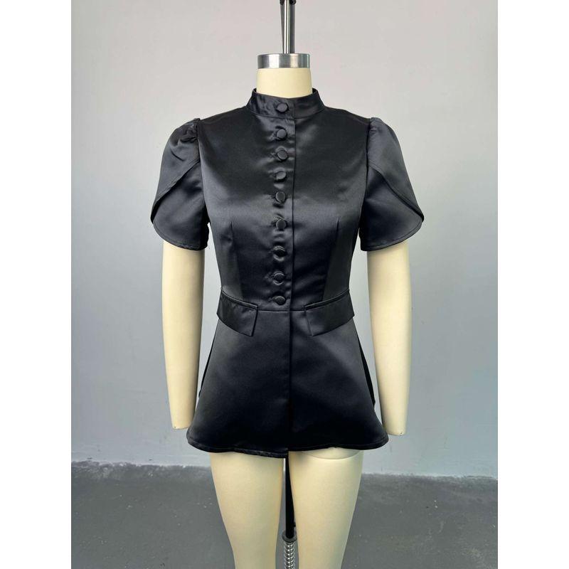 

Европейский и американский новый модный топ-рубашка с воротником-стойкой, однобортный, с высокой талией, приталенный Black XL