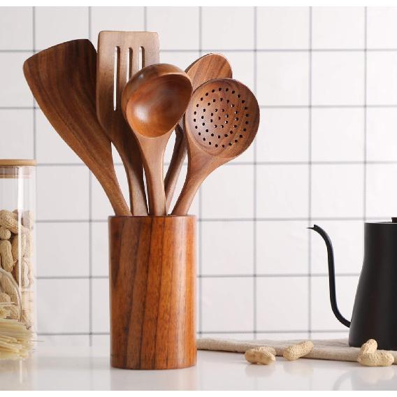 Wooden Spoons for Cooking, Tmkit Cooking Utensils Set of 6 Natural Teak Wooden Cooking Spatulas with Utensils Holder Comfort Grip Wooden Kitchen