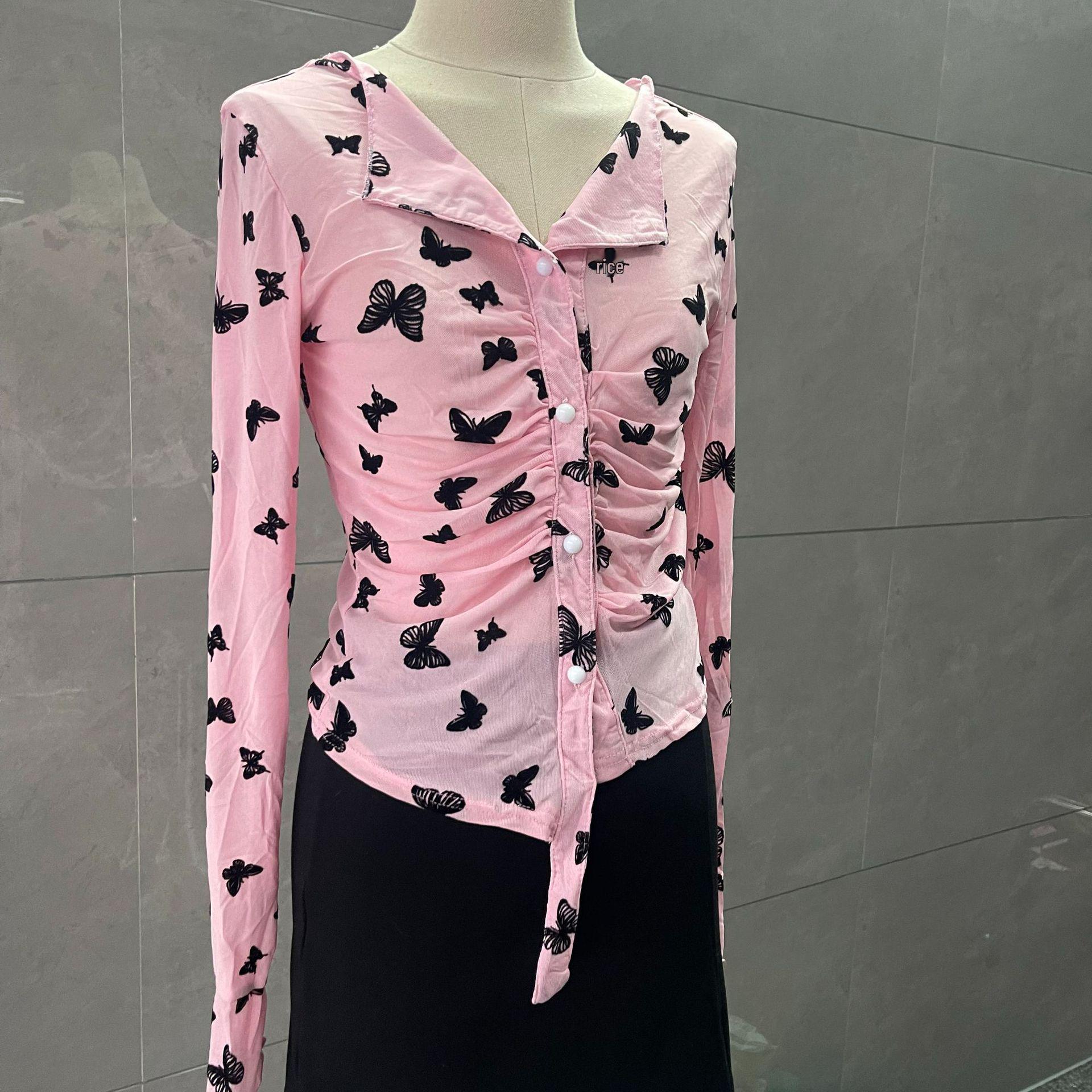 

Топ из сетки с V-образным вырезом и принтом бабочек - Сладкий и пикантный ретро-стиль XL for ~125 lbs