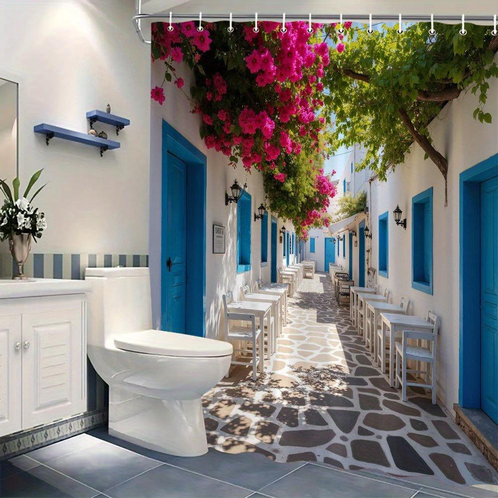 Waterproof Shower Curtain with a Charming Mediterranean Street Scene Featuring Blue Doors and Vibrant Pink Flowers